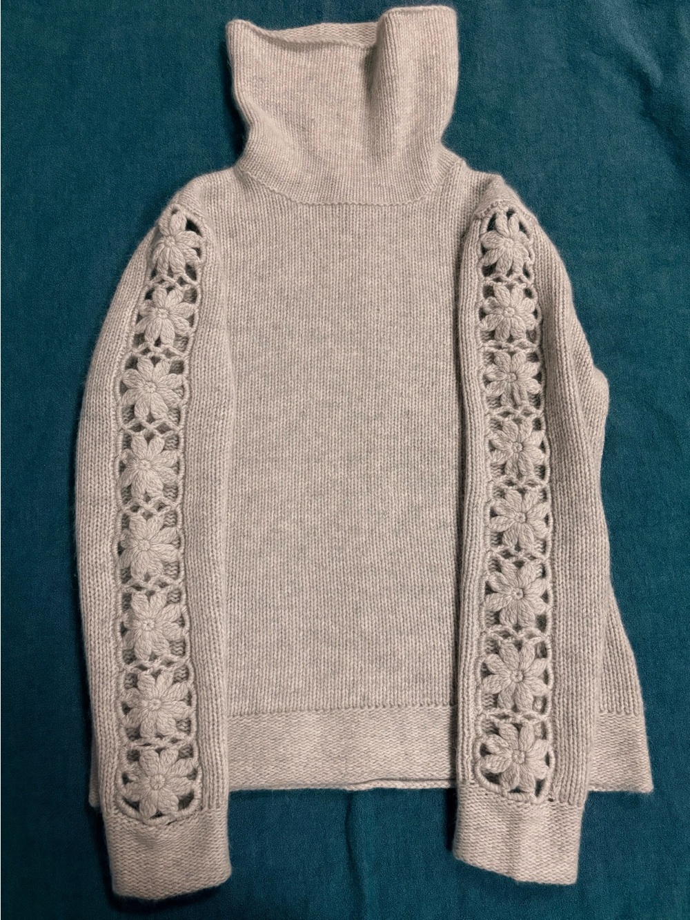 Mercer&Madison Wool heather gray Turtleneck Sweater Floral crochet Sleeves